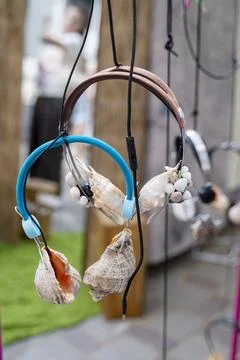 Seashell headphones on a grey paved surface. Concept of hearing the sea through Stock Photos
