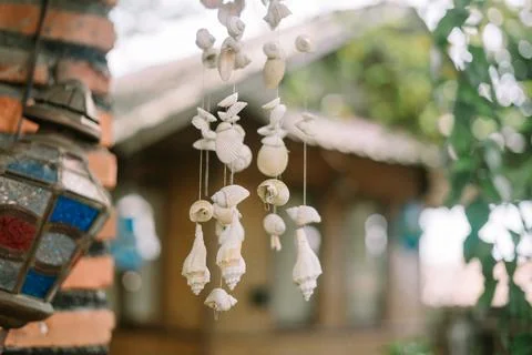 Seashell mobile crafted from natural shells, creating a coastal-themed deco.. Stock-Fotos
