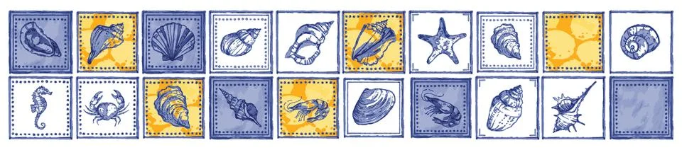 Seashell nautical tile set, vector azulejo blue yellow conch hand drawn kit Stock Illustration