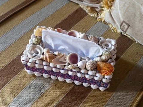 Seashell ornament on the tissue box. close-up of the seashell on the box. 写真素材