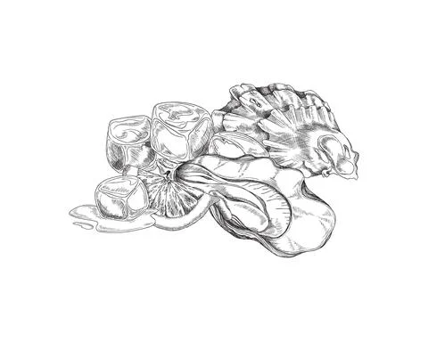 Seashell with oyster, lemon slice and melting ice cubes - sketch vector Stock Illustration