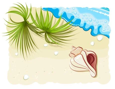Seashell with palm leafs and ocean wave Stock Illustration