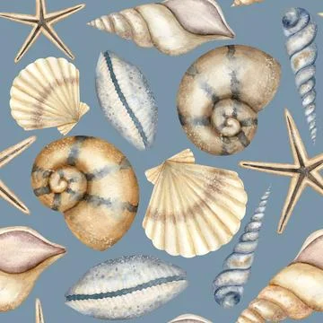 Seashell Pattern on blue background. Hand drawn watercolor seamless ornament Illustrazione stock