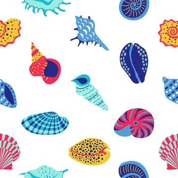 Seashell pattern. Cartoon marine print with sea food and aquarium decoration. Illustrazione stock