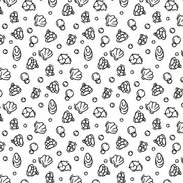 Seashell pattern in doodle style, black outline sketch of isolated elements.. Illustrazione stock