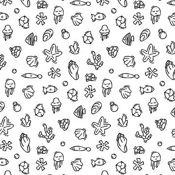 Seashell pattern in doodle style, black outline sketch of isolated elements.. Stock Illustration