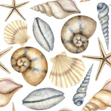 Seashell Pattern on isolated background. Hand drawn watercolor seamless ornament Illustrazione stock