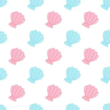 Seashell pattern seamless flat hand-drawn marine background ocean scallop 库存插图