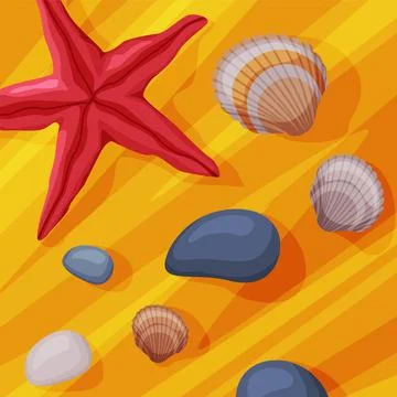 Seashell, Pebbles and Starfish Rested on Sand Above View Vector Illustration Ilustração Stock