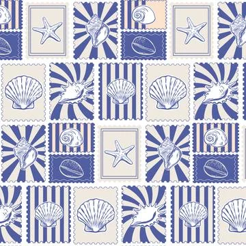 Seashell postage stamp grid pattern in vintage style Stock Illustration
