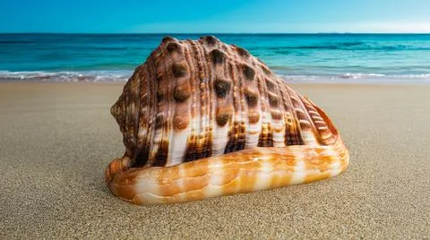 Seashell on a sandy beach with the sea in the background Stock Photos