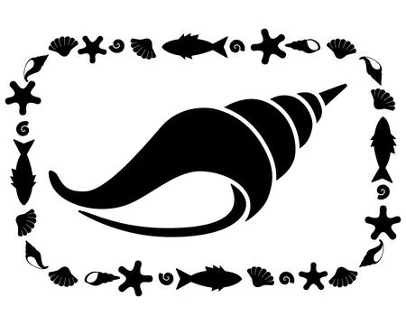 Seashell, sea animal mollusk in a rectangular frame - vector silhouette Stock Illustration