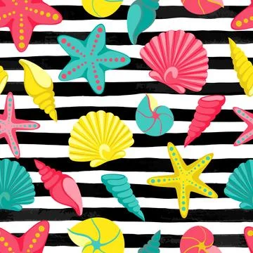 Seashell seamless pattern on black and white watercolor stripes. design for.. Illustrazione stock