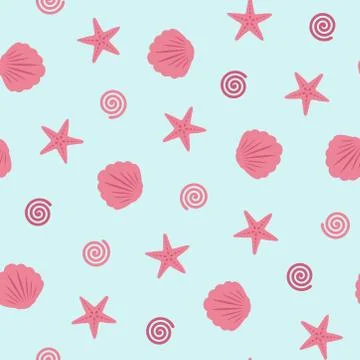 Seashell seamless pattern on blue background Illustrazione stock