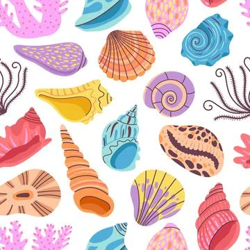 Seashell seamless pattern. Clams background, seashells print. Sea and ocean Illustrazione stock