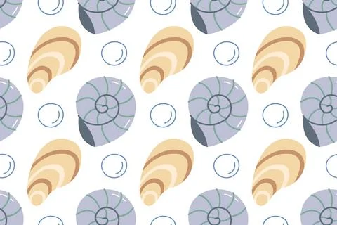 Seashell seamless pattern with cute sea shells and bubbles on white background Иллюстрация