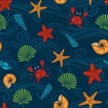 Seashell seamless pattern. design for holiday kids clothes, greeting card a.. Stock Illustration