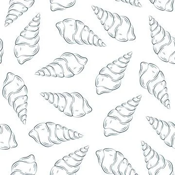 Seashell seamless pattern in flat, line art style. Undersea summer design for イラスト素材
