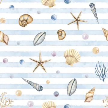 Seashell seamless Pattern. Hand drawn watercolor illustration with sea Shells on Stock Illustration