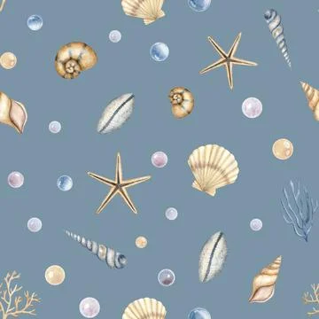 Seashell seamless Pattern on isolated background. Hand drawn illustration of Illustrazione stock
