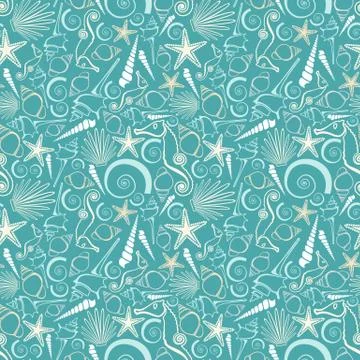 Seashell seamless pattern in light blue colors. Sea animals abstract backgrou Stock Photos