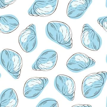 Seashell seamless pattern in line art style with blue color. Undersea background Illustrazione stock
