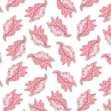 Seashell seamless pattern in line art style with pink color. Undersea repeat Illustrazione stock