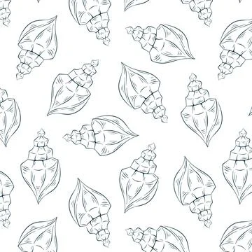 Seashell seamless pattern in line art style. Undersea repeat texture background Stock Illustration