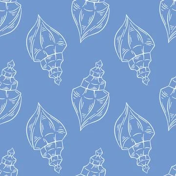 Seashell seamless pattern in line art style. Undersea repeat texture on blue Illustrazione stock