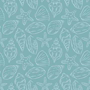 Seashell seamless pattern in line art style on turquoise background. Hand drawn Stock Illustration
