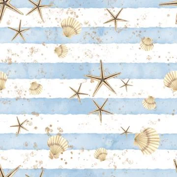 Seashell seamless Pattern with scallop and starfishes. Hand drawn watercolor 스톡 일러스트