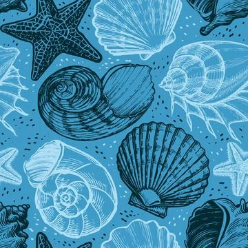 Seashell seamless pattern. Summer vacation marine background. Underwater Stock Illustration