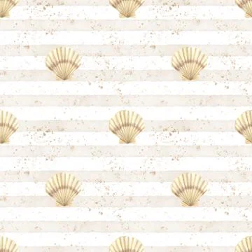 Seashell seamless Pattern. Watercolor hand drawn illustration with scallop sea Illustrazione stock