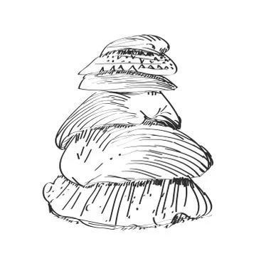 Seashell stack, pyramid sketch, black contour isolated on white background. s Stock Illustration