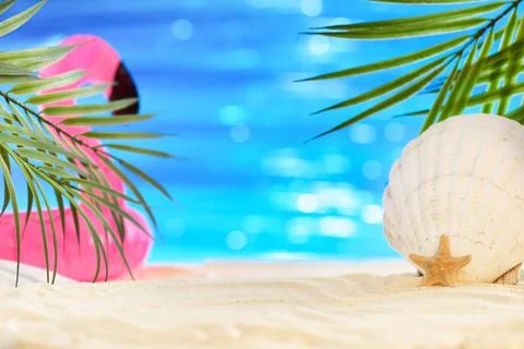 Seashell, a starfish and an inflatable pink flamingo on a sandy seashore. Fotos de archivo