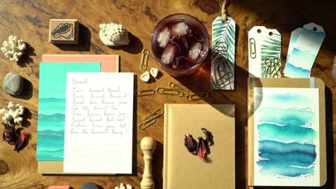 Seashell Stationery  Flat Lay Island Journal  Coastal Craft Scene Stock Footage 307419872
