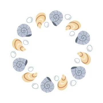 Seashell wreath border frame template with cute pastel sea shells and bubbles Stock Illustration