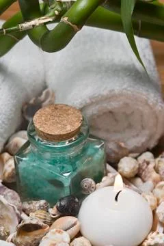 Seashells and bath salts. Stock Photos
