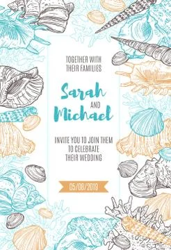 Seashells and corals frame on wedding invitation Stock Illustration