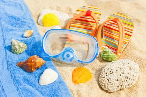 Seashells and diving mask on the ocean beach Stock Photos
