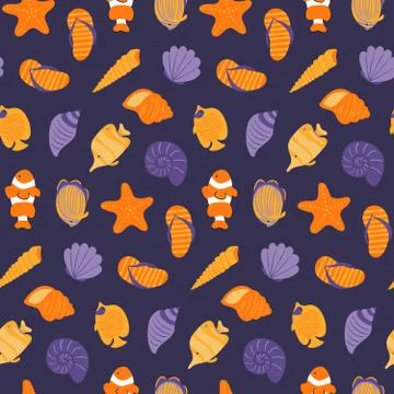 Seashells and fish seamless pattern 스톡 일러스트