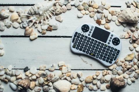 Seashells and mini keyboard Stock Photos