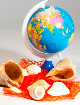 Seashells and small globe on red net Stock Photos