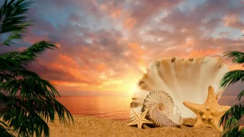 Seashells and Starfish by the Sea. Stock Illustration