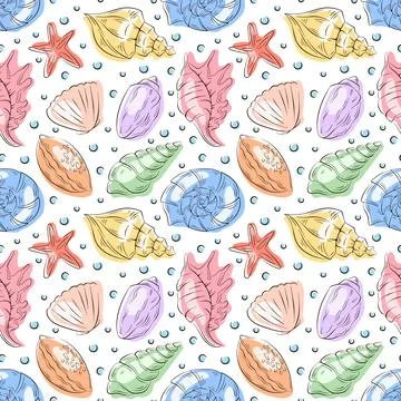 Seashells and starfish seamless pattern on a white background in flat style Stock Illustration