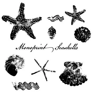 Seashells and starfish stamp effect vector icon set. Mono print technique. Illustrazione stock