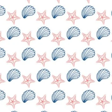 Seashells and starfish vector seamless pattern Illustrazione stock
