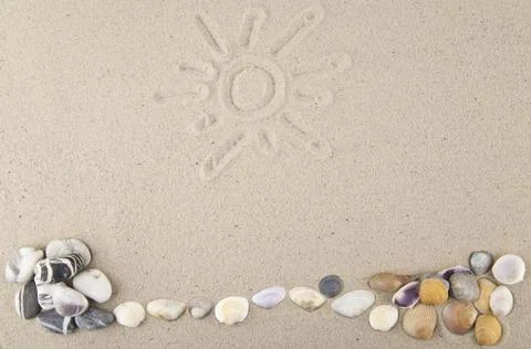 Seashells and stones with a pattern of sand for relaxation as a background Stock Photos