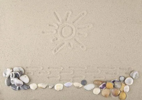 Seashells and stones with a pattern of sand for relaxation as a background Stock Photos