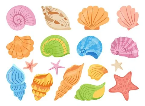 Seashells cartoon hand drawn set ocean marine starfish mollusk conch sink water Stock Illustration